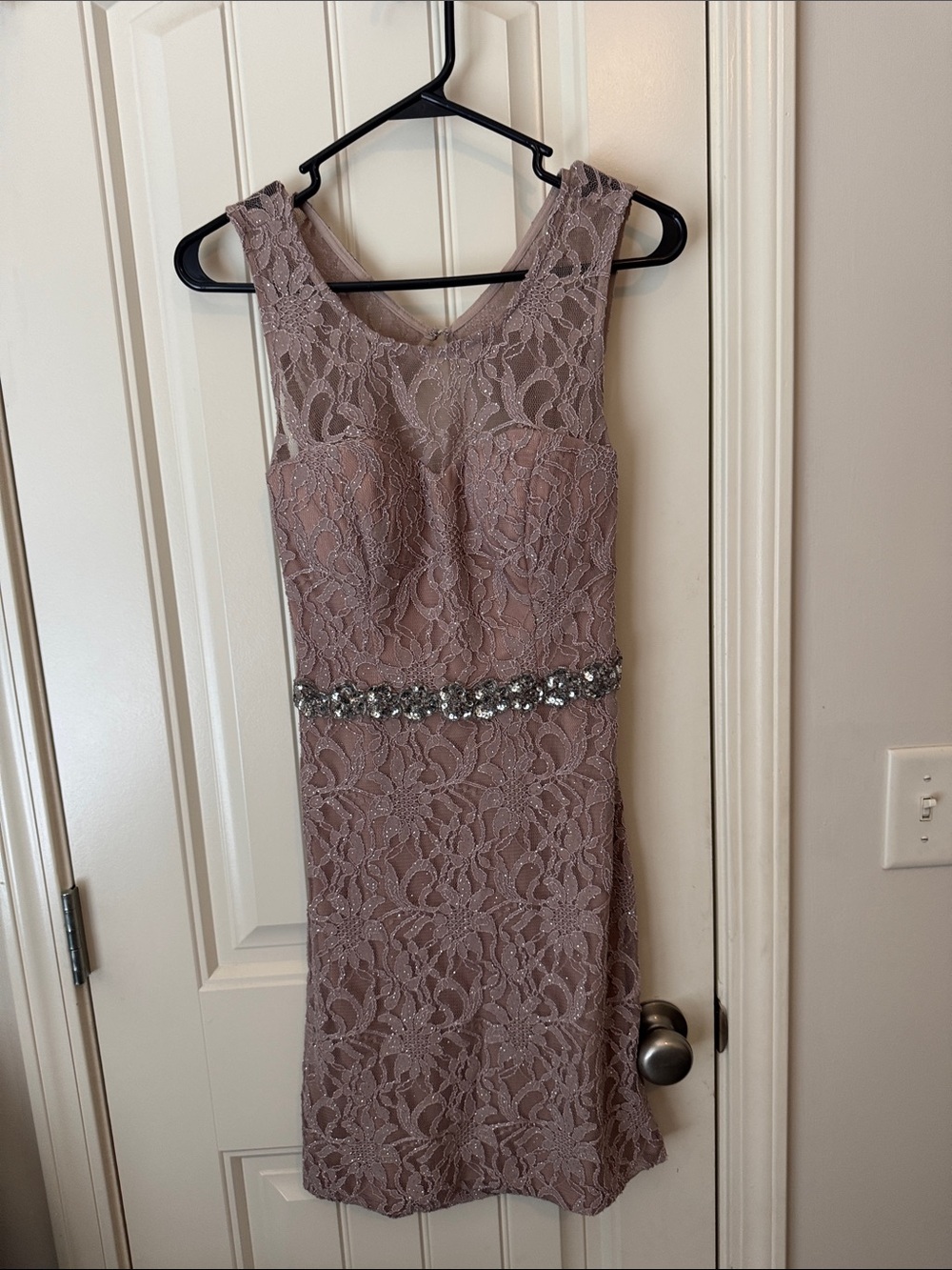 City Triangles Dusty Mauve Lace Midi Dress with Beaded Waist
